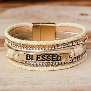 Beige BLESSED Rhinestone Braided Detail Buckle Bracelet